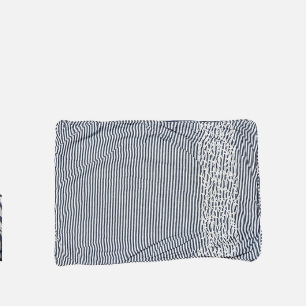 One Kings Lane Pair of Pillowcases Shams Blue Cream Stripe Cotton Embroidered